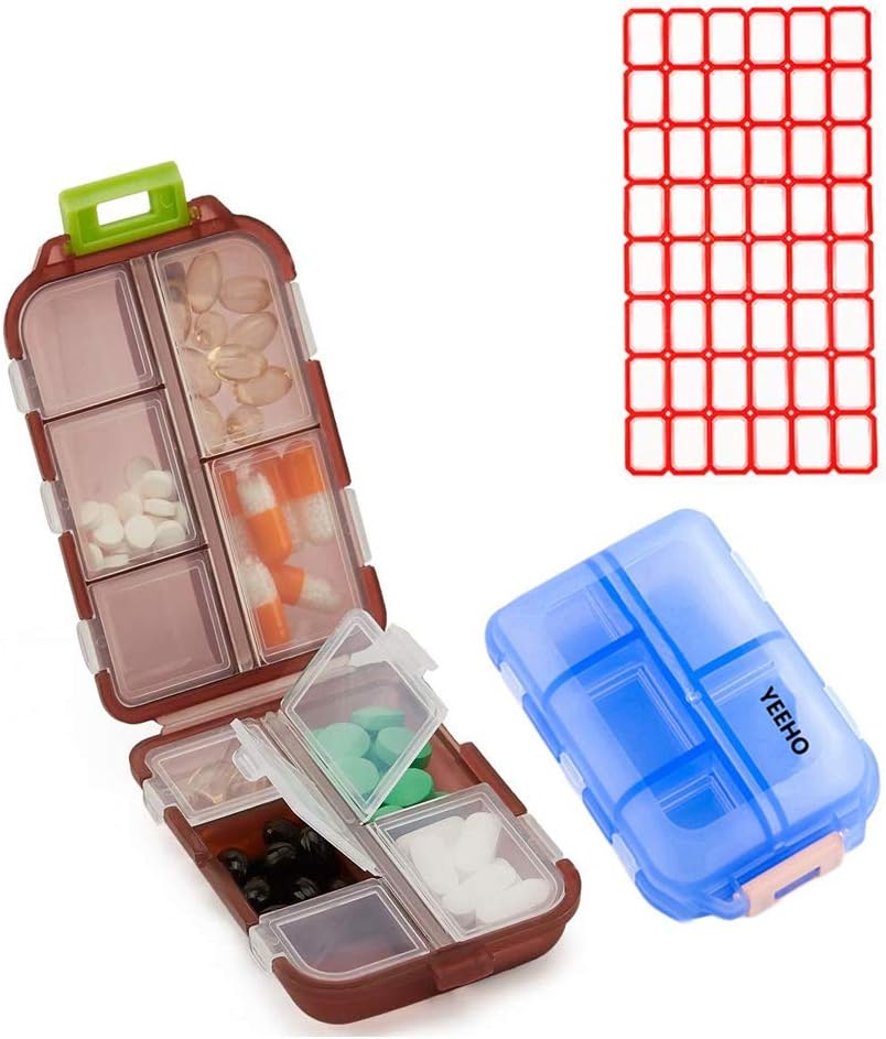 Pill Case (2 Pack) - Portable Small Supplements Tablet Container Box met 10 Compartiments - Medicine Vitamin Organizer Dispenser Holder Opslag voor Travel Trip Pocket Purse(Blue+Chocolaat)