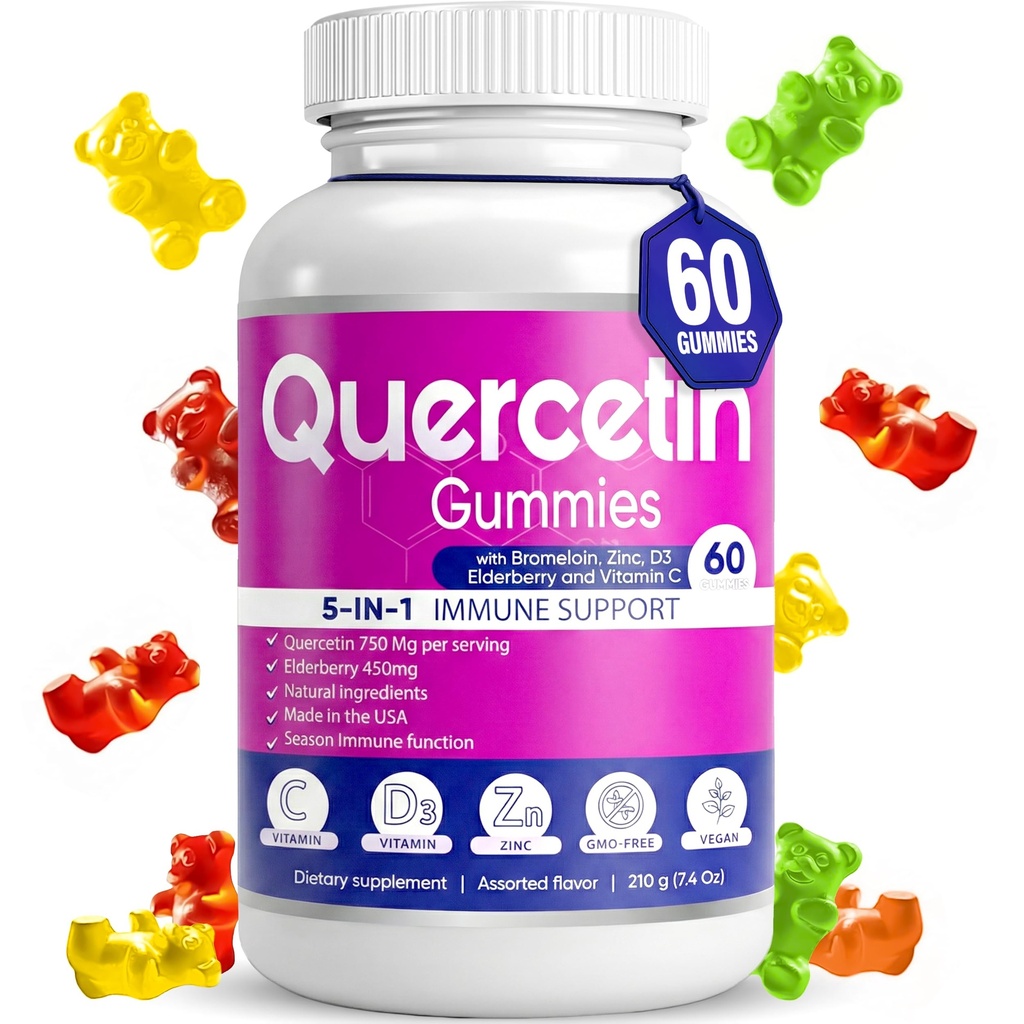 Quercetine Gummies by BioVitalica - Quercetine met bromelaïne vitamine C en zink & vlierbes + vitamine D3-5 in 1 Immuun Ondersteuning - Zink quercetine 750 mg voor kinderen en volwassenen (1)