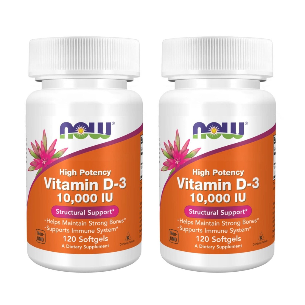 NOW Foods High Potency Vitamine D-3, 10.000 IE, 120 Softgels, 2 Pack