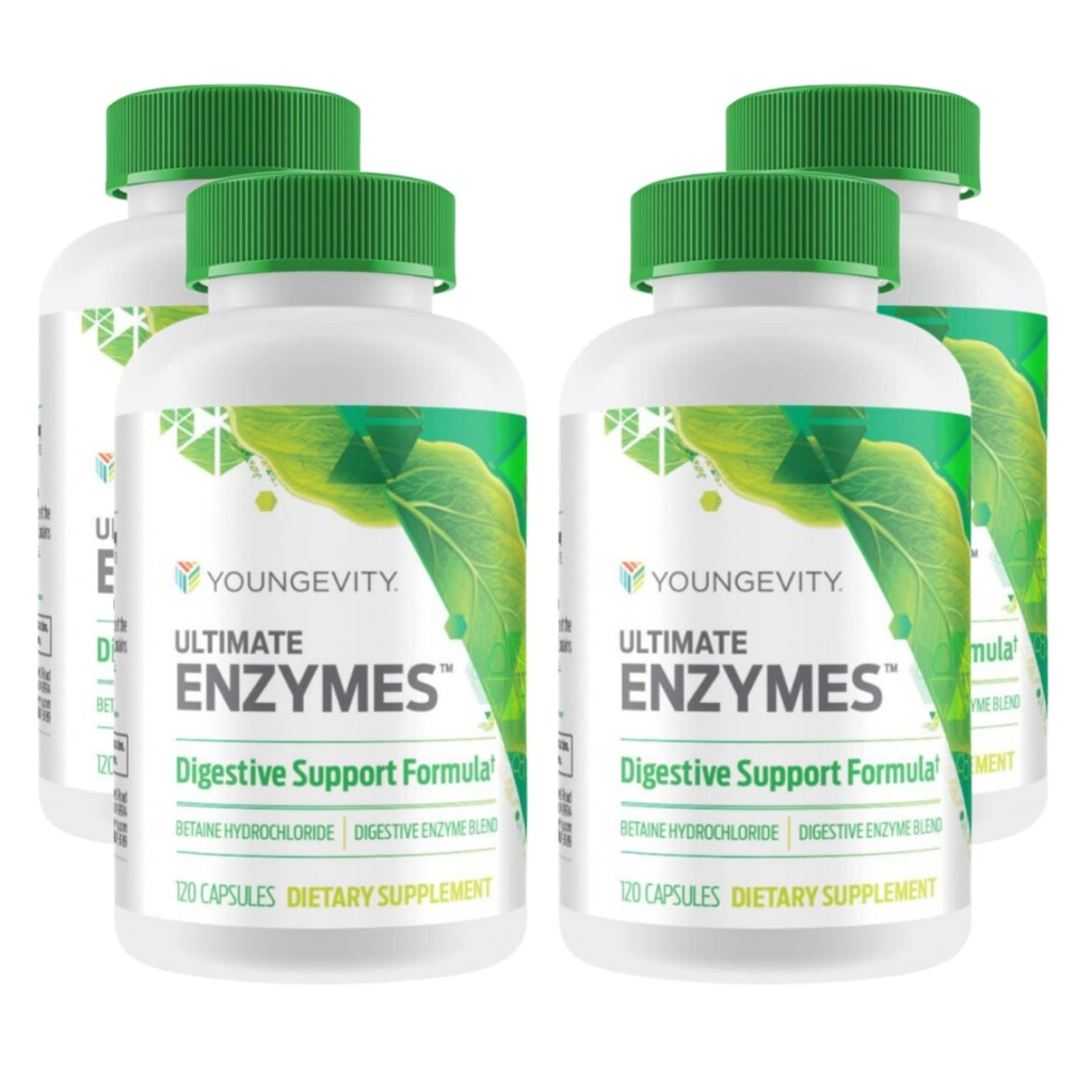 Youngevity Ultimate Enzymes® - Multi Enzymes for Digestie, Gas & Bloating Relief - Betaine HCl, Ox Bile, Pancreen 10X, Papain 6M, Pepsin 1:3000 (120 Capsules - 4 Pack)