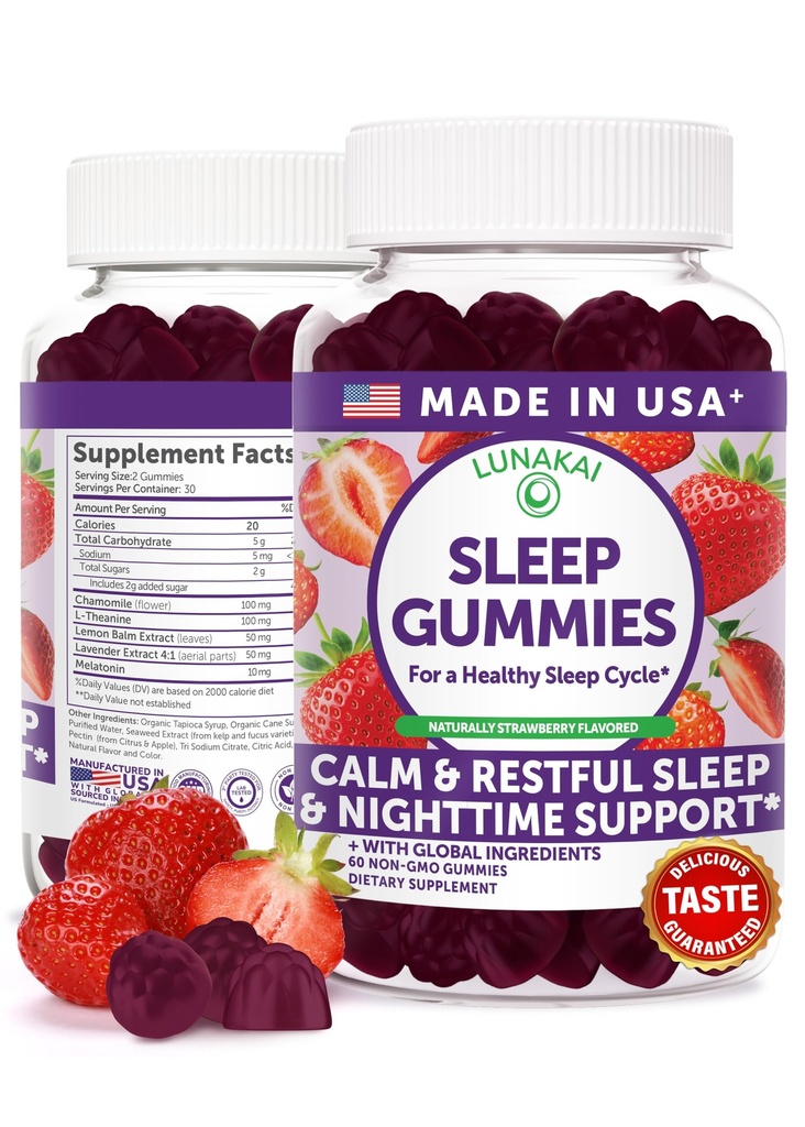 Lunakai USA Made Sleep Gummies for Adults with Melatonin 10mg, L-Theanine, Chamomile & Lavender – 5-in-1 Natural Daily Sleep Aid, Vegan Melatonin Gummies, Non-GMO Sleeping Supplements, 60ct