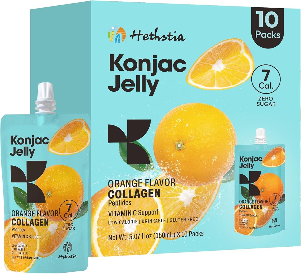 Hethstia Oranje Konjac Jelly met Collageen Peptiden, 10 zakjes Fruit Jelly Snacks, Low-Calorie Drinkbare Jelly met Vitamine C, Suikervrij, Keto, Glutenvrij, On-The-Go Licht Snacks