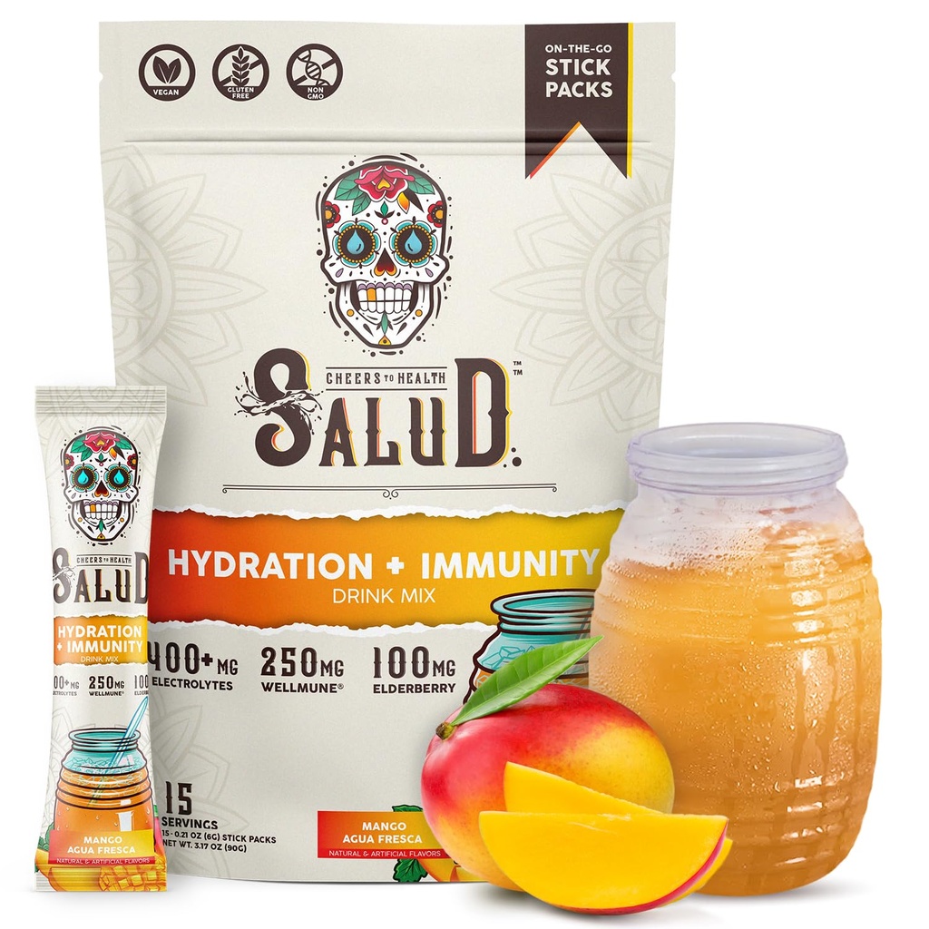 Salud 2-in-1 Hydration Packets + Immunity Electrolytes Powder, Mango - Agua Fresca Drink Mix, Elderberry, Dairy & Soy Free, Non-GMO, Gluten Free, Vegan, Low Calorie, 1g Sugar (15 Servings)