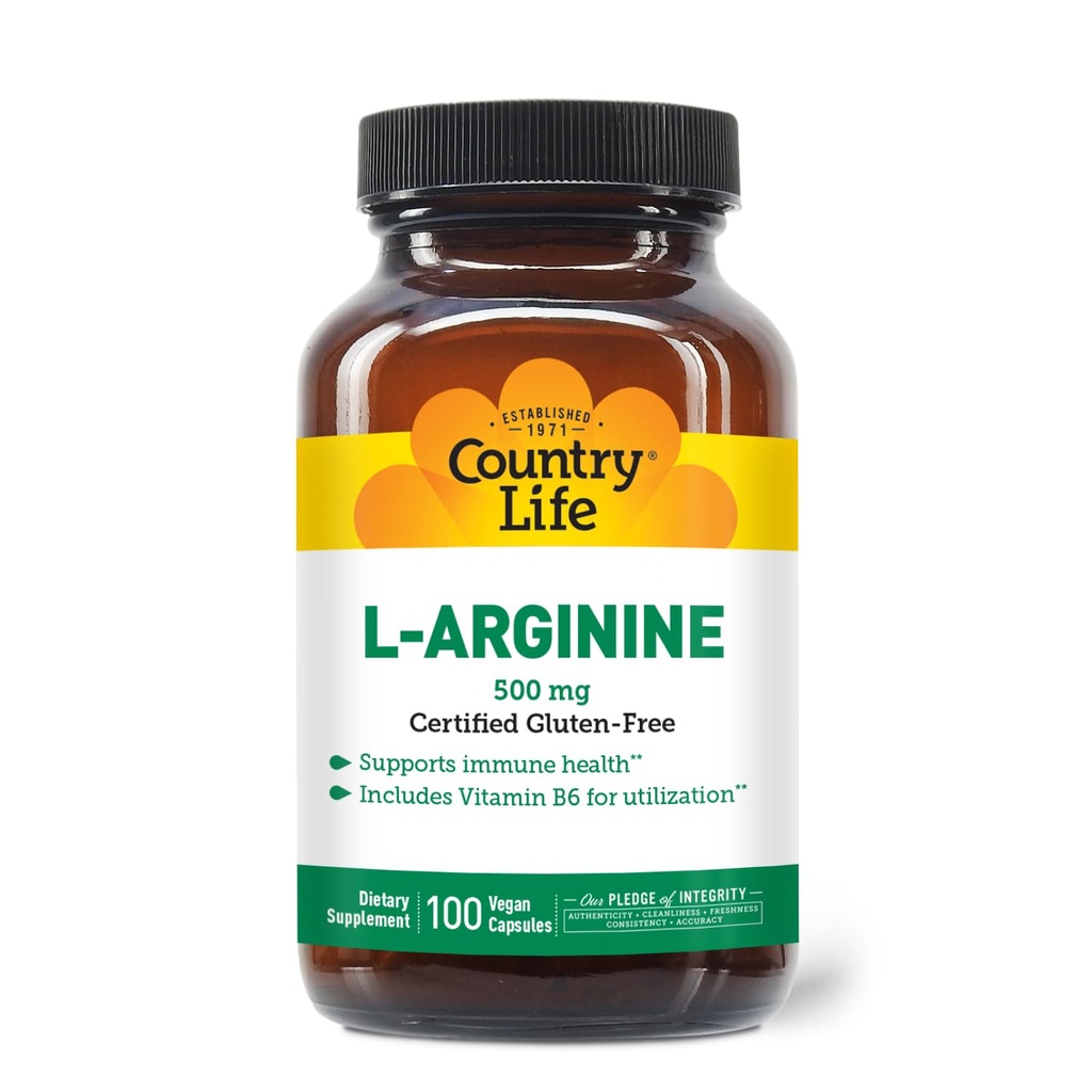 Country Life Caps L-Arginine avec vitamine B-6, 500mg, 100 Capsules Vegan, certifié sans gluten, certifié végétalien