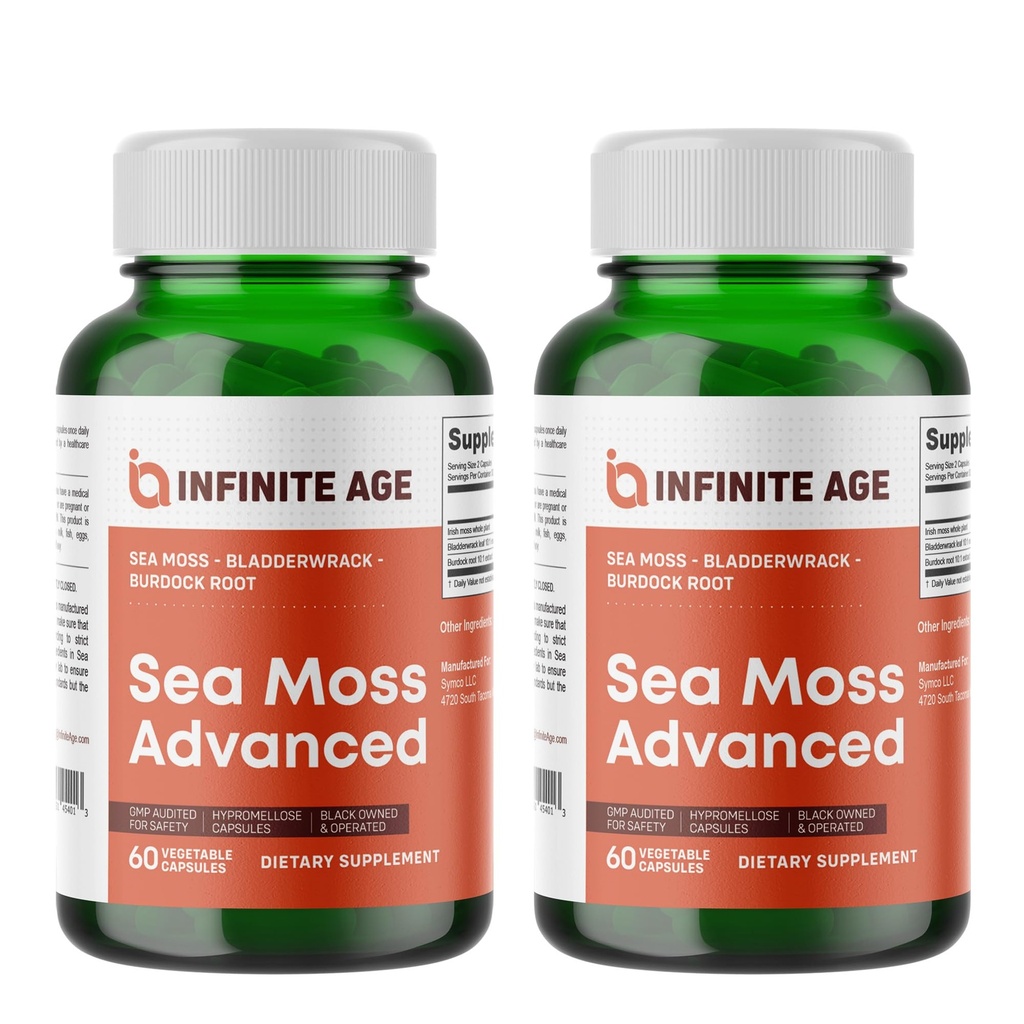 INFINITE AGE 2 Pack of 1250mg Sea Moss Advanced Superfood Capsules, 120 Count - High-Potency, Vegan, Made in The USA - Irish Seamoss, Bladderwrack, Burdock Root - Overall Health, Immunity Support