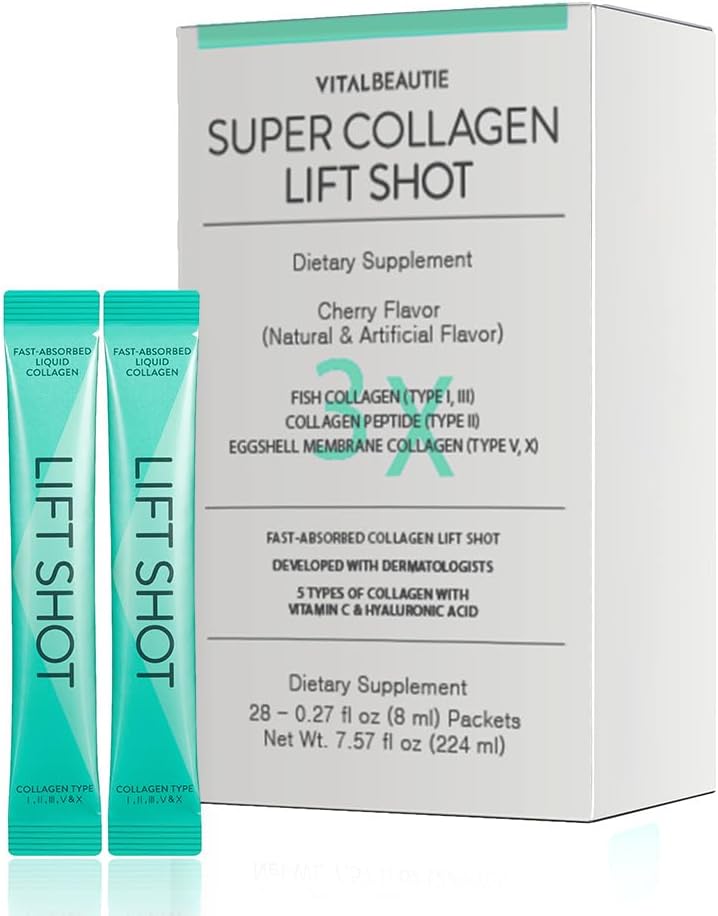 VITALBEAUTIE Liquid Collgen voor vrouwen, SuperCollagen Lift Shot - Premium Multi Collagens Peptiden Type I, II, III, V, X 1500mg met Hyaluronic, Vitamine C, Derde Gecertificeerd, Hoge Absorptie