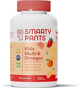 SmartyBants Kids Multivitamine Gummies: Omega 3 Visolie (EPA/DHA), Vitamine D3, C, Vitamine B12, B6, A, K & Zink voor Immune Ondersteuning, Biotine, Glutenvrij, Drie Fruitsmaken, 90 Tellen (22 Dagen Levering)