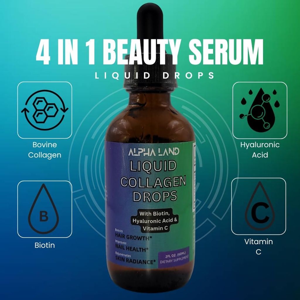 Liquid Collageen - Hyaluronzuur, Biotine, Vitamine C, Hydratatie van de huid, Haargroei, Nagelsterkte - Anti-Aging Beauty Serum Supplement (Drop Form)
