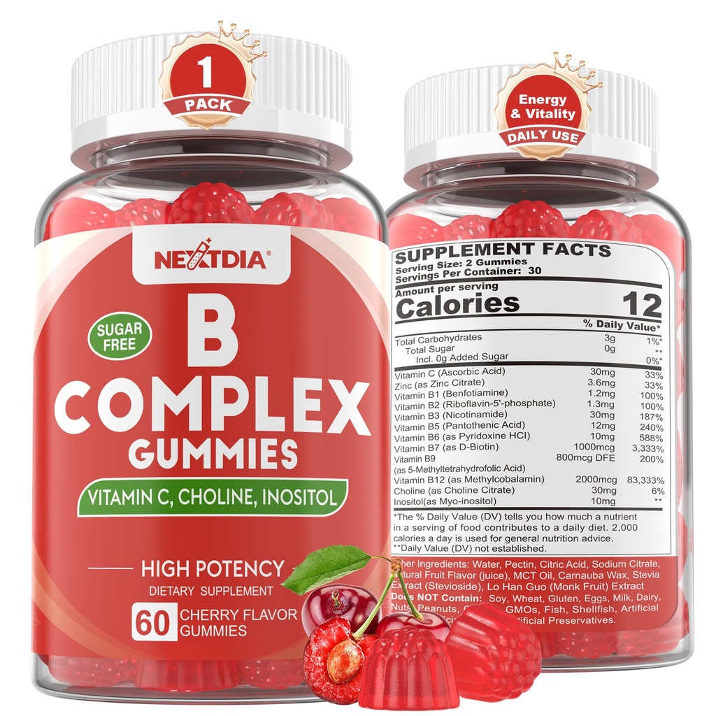 Vitamine B Complex Gummies, Vegan Vitamine B Gummies met 2000 mcg Methyl B12, Methyl Folate 