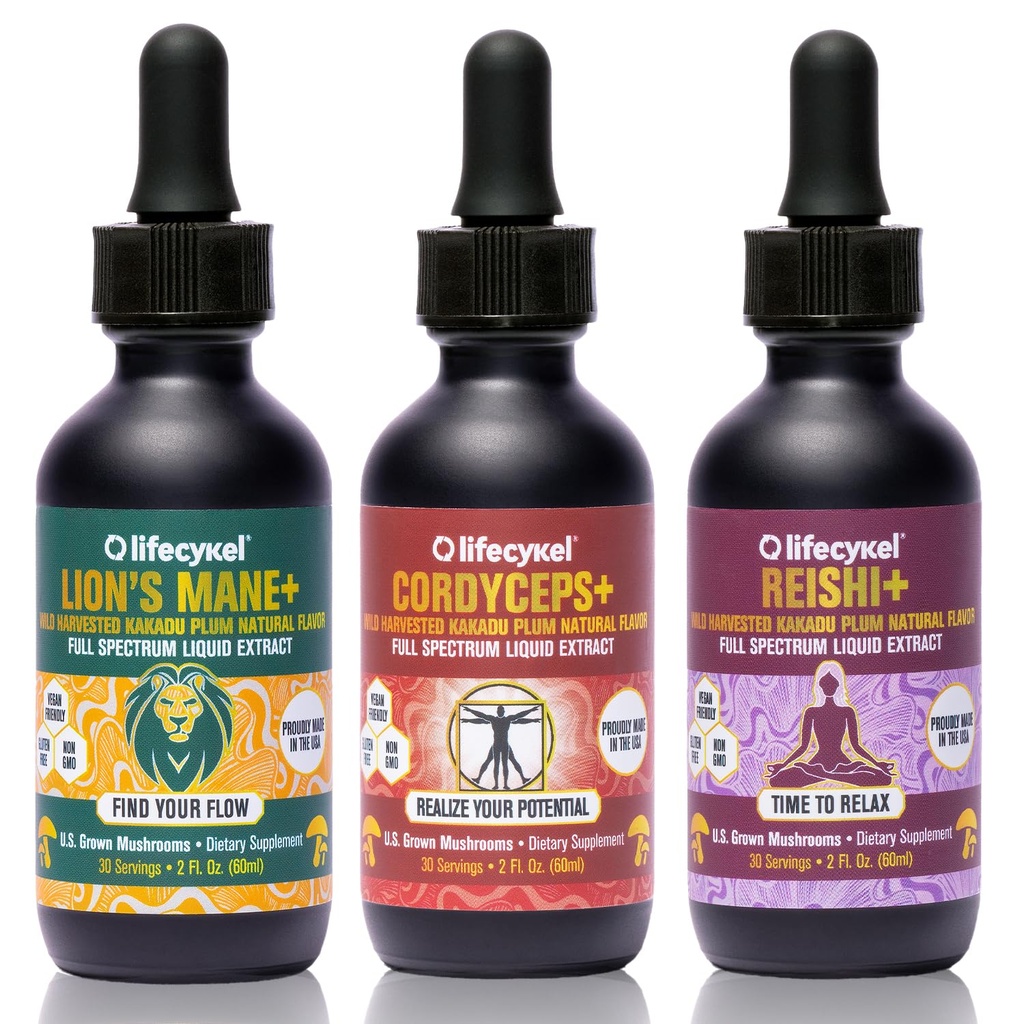 Life Cykel Professional Athletes Pack - Reishi, Lion's Mane & Cordyceps Mushroom Extract- Full-Spectrum Mushroom Tincture for Energy, Focus and Immune Health- Vegan, Non-GMO Formula