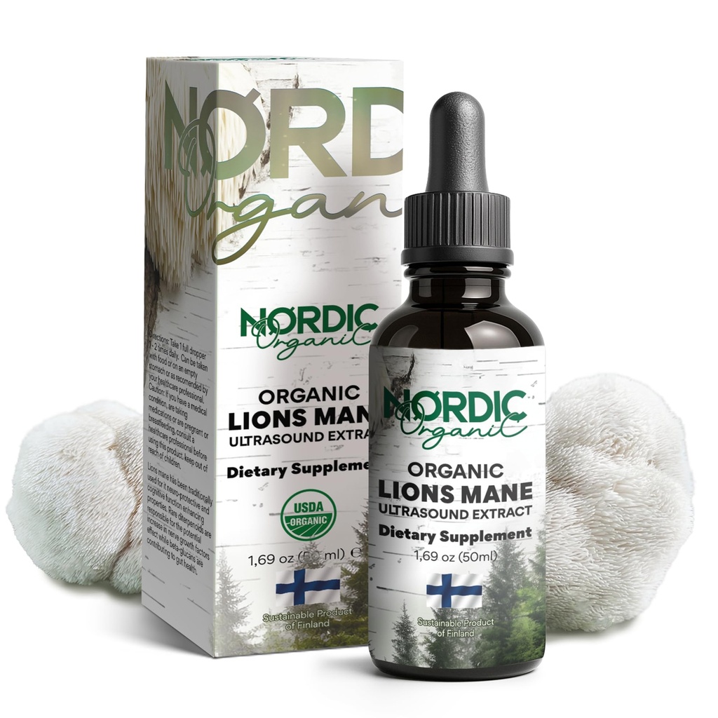 Lion’s Mane Organic Mushroom Tincture – Ultrasound Extract, 100% Fruiting Body, Finland & EU-Grown, Tested Beta-Glucans & Hericenones for Focus, Memory & Cognitive Support, 50ml Up to 50-Day Supply