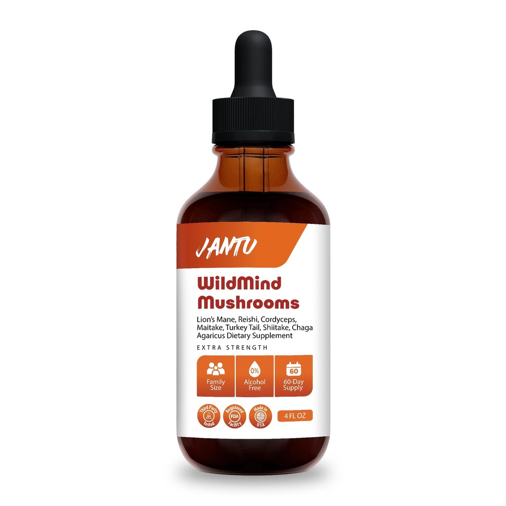 Jantu WildMind Mushrooms Liquid Extract - 60-Day Supply - Brain Booster & Immune Support Drops - Lion`s Mane, Cordyceps, Reishi, Turkey Tails, Chaga, Mitake, Shiitake, Agaricus
