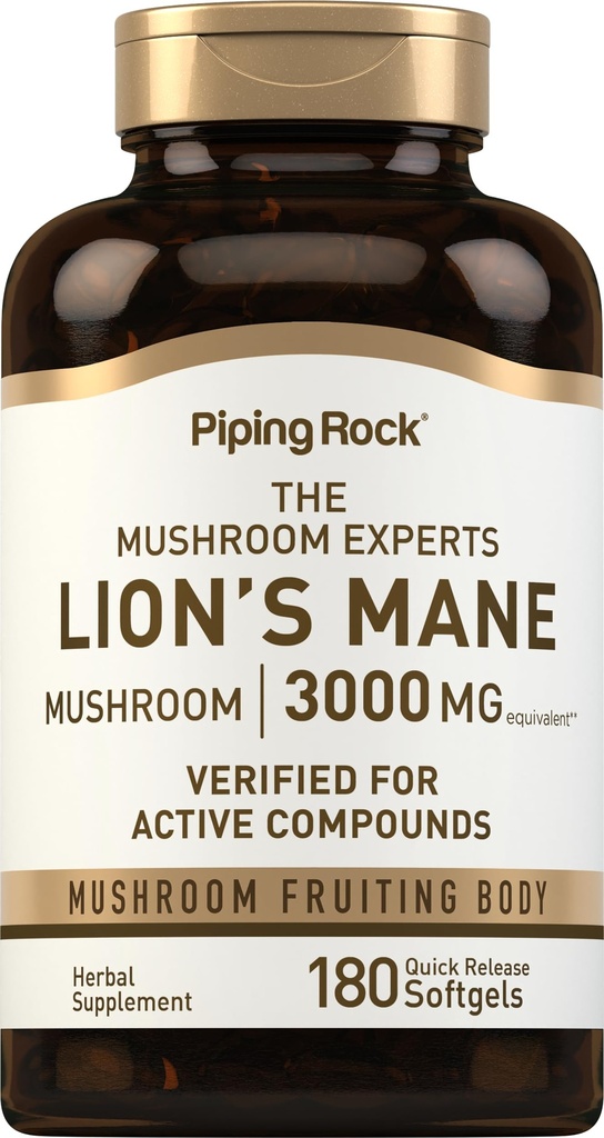 Piping Rock Lions Mane Supplement | 180 Softgel Capsules | Mushroom Fruiting Body Extract | Non-GMO, Gluten Free