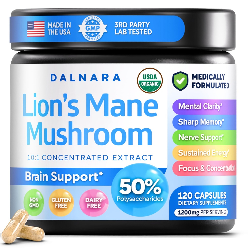 USDA Organic Lion’s Mane Mushroom Capsules 1200mg, 120 Count (60-Day Supply) - Natural Mushroom Supplement for Memory, Focus & Cognitive Support