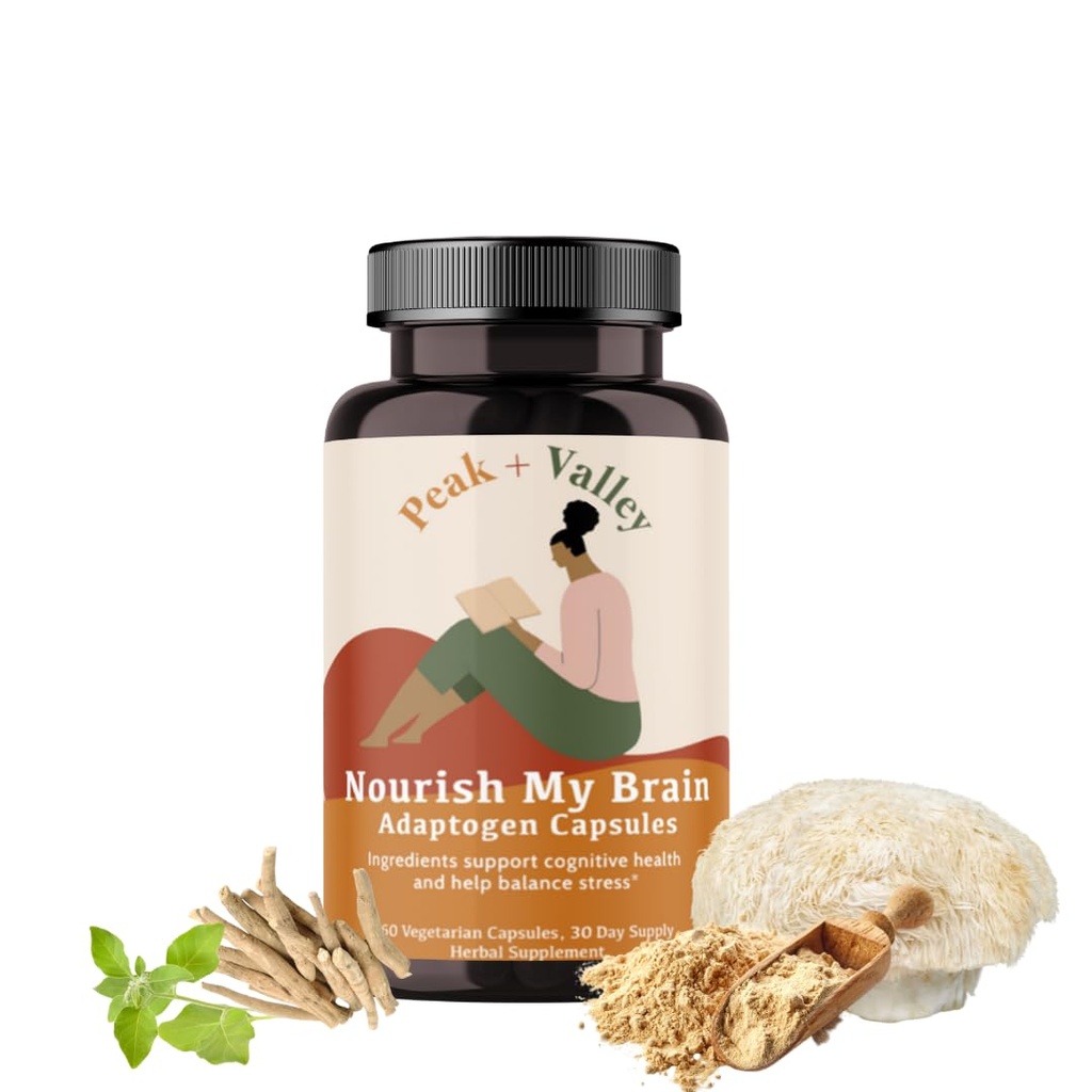 Peak + Valley Nootropic Brain Support Supplement for Memory & Focus with Lion's Mane Mushroom & Ashwagandha - 60 Ct Adaptogen Capsules - Volwassenen/Senioren - Cognitive, Brain Fog, Energy Formula