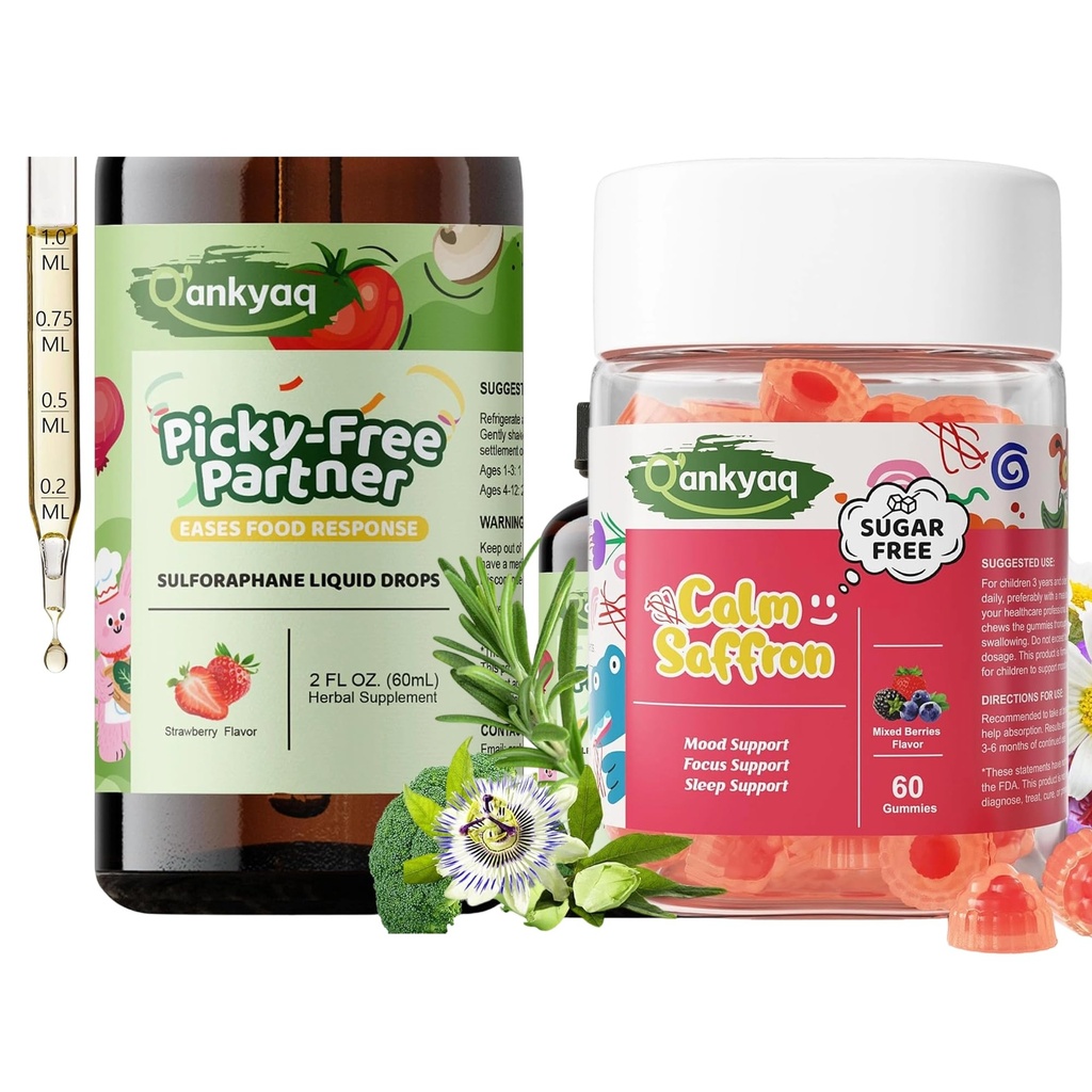 Q'ankyaq Sulforaphane Liquid, & Kids Saffron Gummies, Appetite Booster, & Vegetable Nutrition Gap, Saffron Supplements for Kids (3 yrs+), Focus and Memory Gummiess