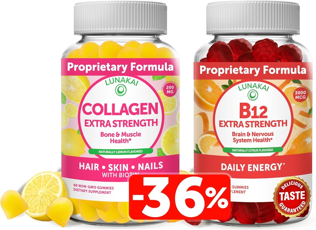 Lunakai Collageen & Biotin Gummies Bundle - Vitaminen voor haar, huid en jeugdige verschijning - Non-GMO Anti Aging Proteïne Supplementen voor mannen en vrouwen - 30 dagen levering