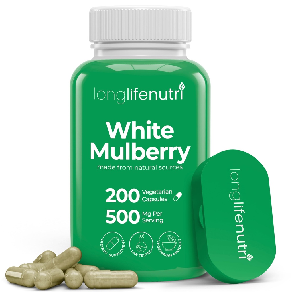 White Mulberry Leaf Extract 500mg - Sourced from Morus Alba Leaf, 200 Vegetarian Capsules, Supplement for Natural Balance and Wellness, 200-Day Supply, GMP Certified, Made in USA