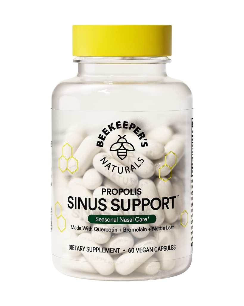 Beekeeper's Naturals All Natural Sinus Support for Adults, Seasonal Nasal Care Relief with Propolis, Quercetin, Bromelain, Nettle Leaf, & Vegan Capsule, Blocs or Suppresses Histamine, 60 ct