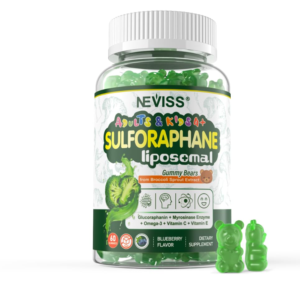 Liposomal Sulforaphane Supplement Gummies for Kids 4+ & Adults, Broccoli Sprouts Extract w/Myrosinase, Glucoraphanin, Quercetin, Omega-3, Vitamin C, E for Antioxidant, Cellular Health, Vegan, 60 Cts