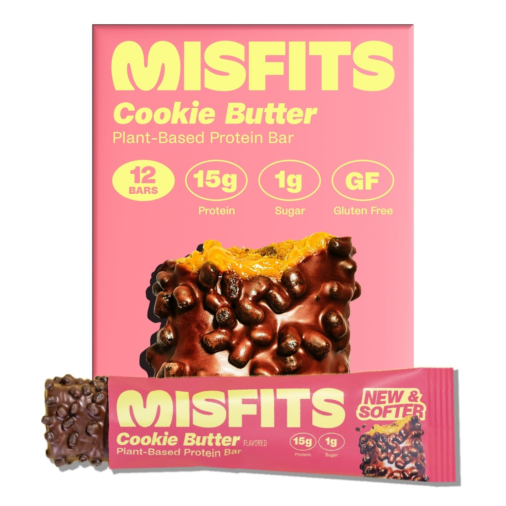 Misfits Vegan Protein Bars - Speculoos Cookie Butter | Nutrition Bars - 15g Protein, 1g Sugar, Plant-based, Low Carb, Non-GMO, Gluten Free Snacks | Pack of 12