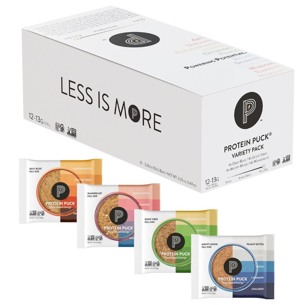 Protein Puck Plant Based Bars | Snacks with Vegan Protein | 16 Count | 3.25 oz Full Size | Gluten Free, Non Dairy, Kosher Certified Non GMO Premium Healthy Bars | Variety Pack