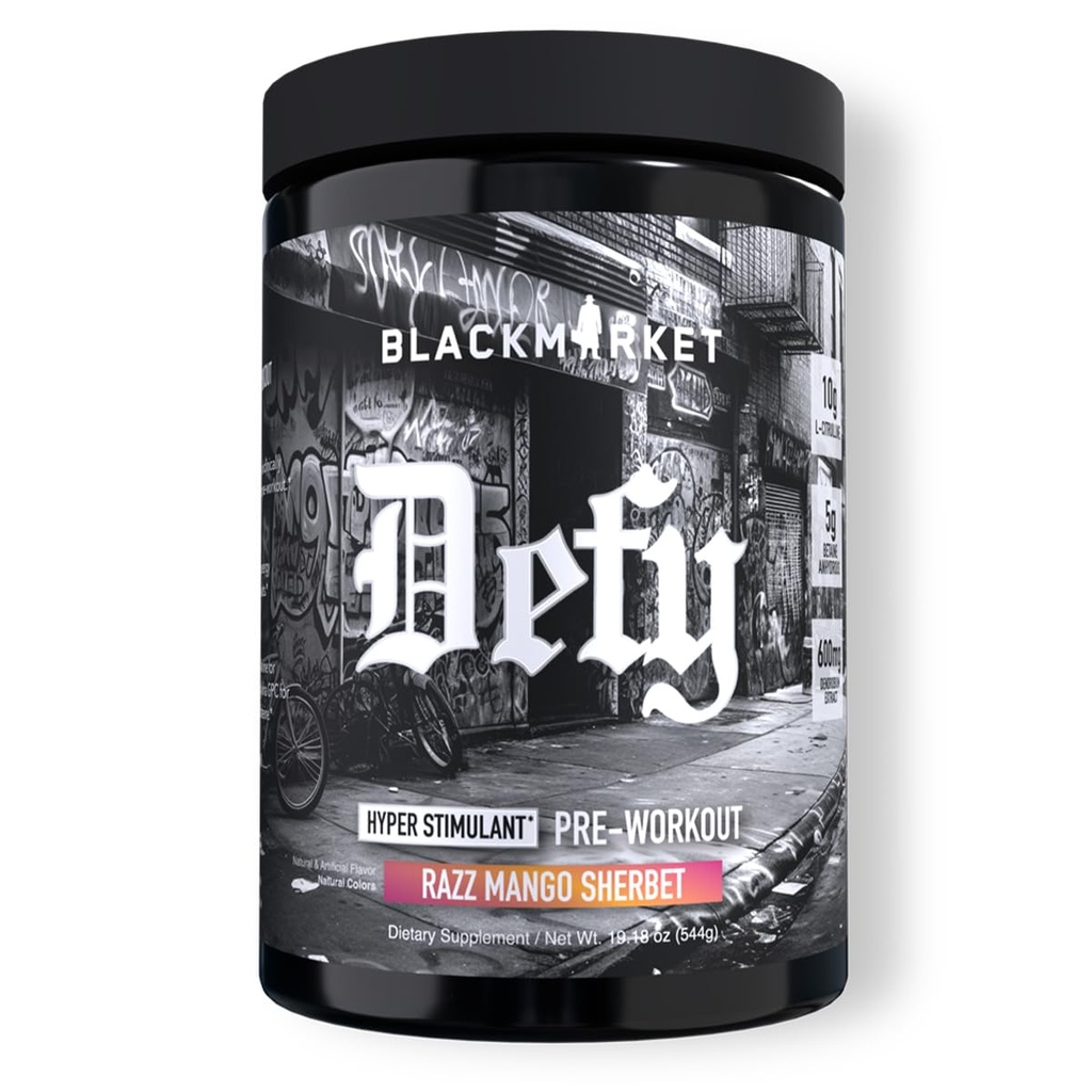 BLACKMARKET DEFY – High-Stimulant Pre-Workout Powder | 450mg Caffeine, Eria Jarensis, Dendrobium, L-Citrulline | Razz Mango Sherbet Flavor | Intense Energy, Pump & Focus | 40/20 Servings
