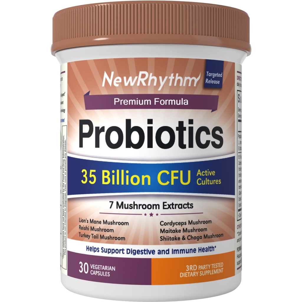 NewRhythm Probiotics 35 Billion CFU, Mushroom Probiotics Supplement for Women & Men, 7 Mushroom Extract, Turkey Tail, Reishi, Lion's Mane, Natural Prebiotics, Digestive & Immune, 30 Caps