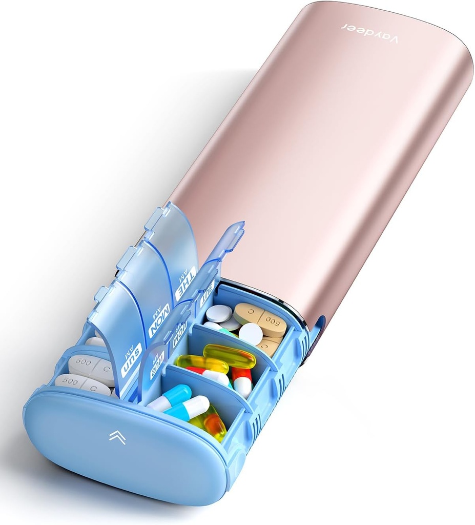 Vayadeer 7 Dag Weekly pil Organizer 2 keer per dag, Metal Am Pm Travel pil Case, Grote Capaciteit Tweemaal dagelijkse leuke pil Box voor supplementen, pillen, vitamines en medicijnen (Rose Gold)