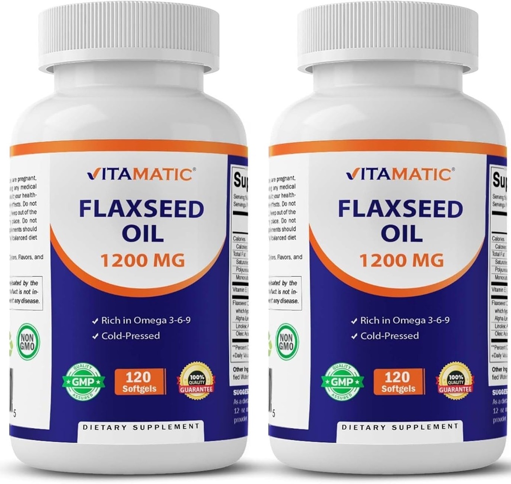 Vitamatic 2 Pack Vlaszaadolie 1200mg 120 van koud geperste vlaszaad - 675 mg ALA Omega 3 vetzuren ter verbetering van de gezondheid van het hart