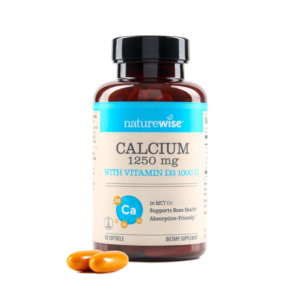 NatureWise High-Purity, All-Natural Calcium 1250mg + Vitamine D3 1000IU + Biologische MCT Kokosolie - Zwangerschap Veilig + Non-GMO - Absorptie Vriendelijk, Glutenvrij - 60 Softgels[30-Day Supply]
