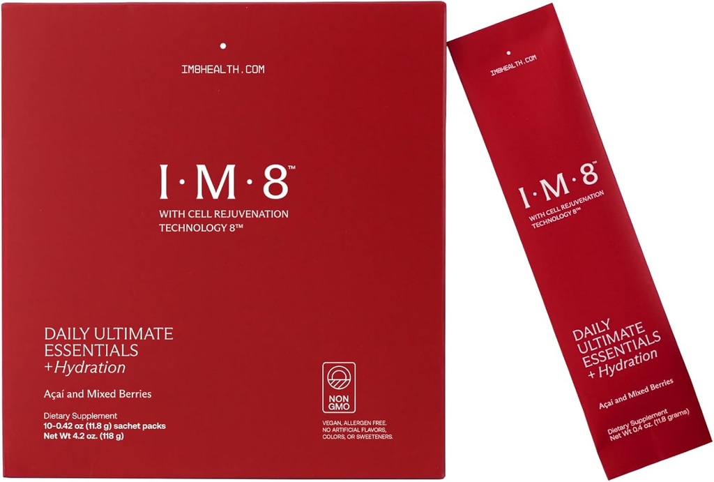 IM8 quotidien Ultimate Essentials All-in-One Multivitamin Supplement, 92 Nutrient Rich Ingredients CoQ10, Probiotiques, Vitamines, Verts, Sans gluten, Vegan, Acai Berry Mixte (10 portions, packs de voyage)