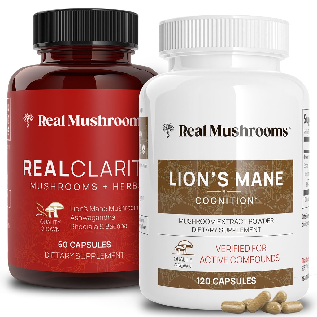 Real Paddestoelen RealClarity (60ct) en Lions Mane (120ct) Capsules Bundel - Mushroom Supplement voor hersenen gezondheid, geestelijke helderheid, focus, cognitie en immuunondersteuning - Hersenvitaminen w/Ashwagandha