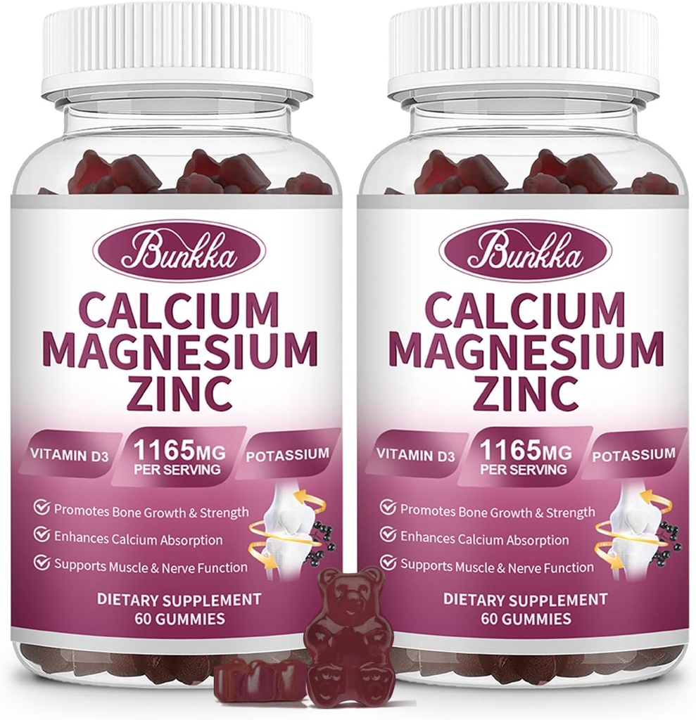 Calcium Magnesium Zink Gummies met Magnesium Glycinate 200mg, Kalium, D3, Zee Mos, Kalm Mood & Slaap Ondersteuning- Kinderen & Volwassenen 2 Pack