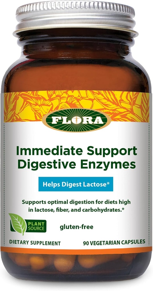 Udo's Choice Flora - Onmiddellijke ondersteuning Digestieve enzymen - Ondersteunt Lactosedigestie, opgeblazen gevoel, brandend maagzuur en gas - Bevat 7 enzymen - Glutenvrije - 90 Vegetarische capsules