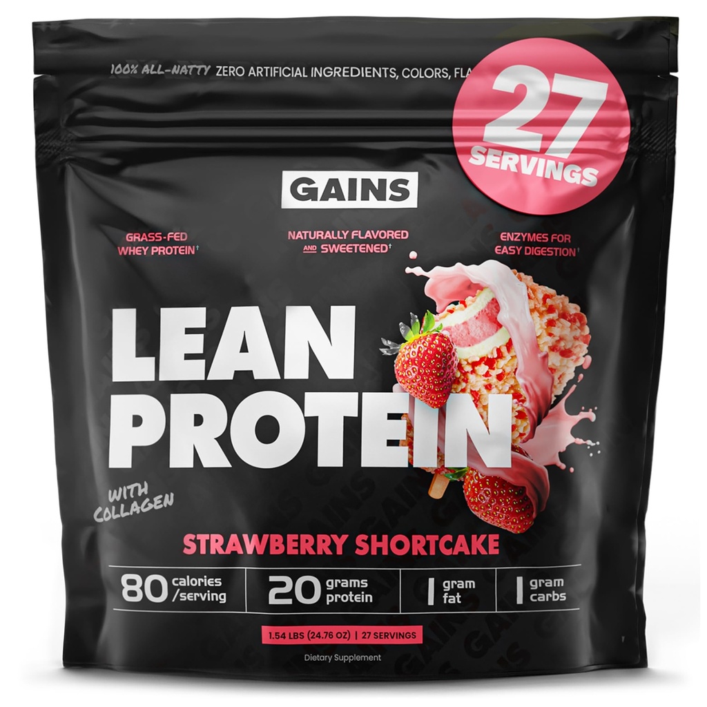 Gains in Bulk Lean Protein Powder With Collagen Peptides, Gluten Free Grass Fed Whey, 20 G Protein & 5 G Collagen, Plant Enzymes to Support Digestion, Natural Flavor, Strawberry Shortcake, 27 Servings