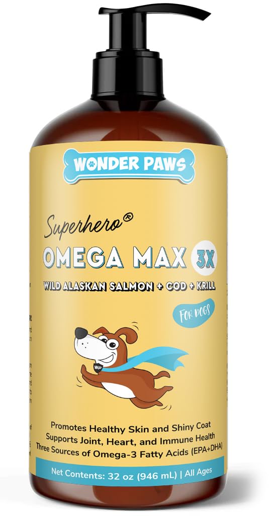 Wonder Paws Fish Oil for Dogs - Omega 3 for Dogs from Alaska Salmon, Cod & Krill Oil - EPA DHA Fatty Acids - Less Shedding & Jeuk - Skin, Joint, Immune & Heart Health - Liquid Supplement (32 oz)