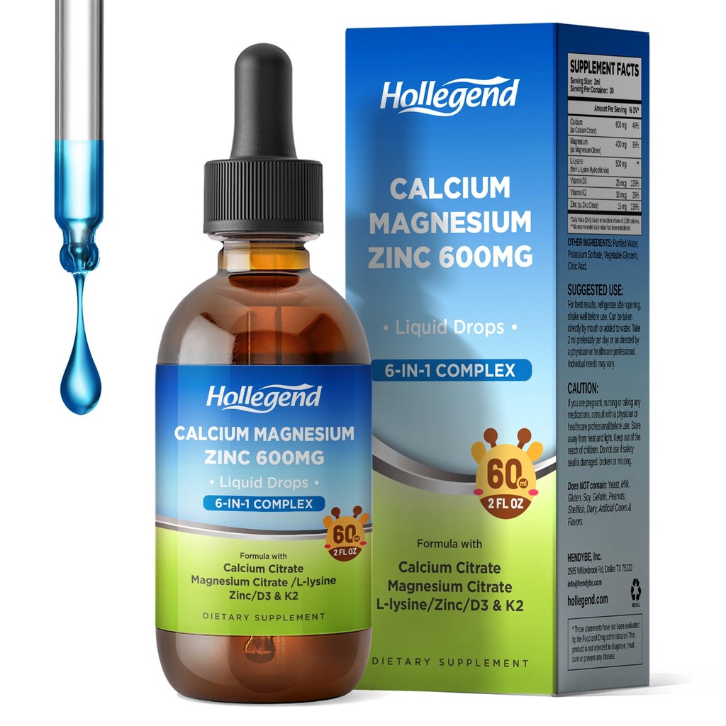 Liquid Calcium citraat druppels met L-Lysine 500mg, Magnesium & Zink, Calcium citraat 600mg supplement met vitamine D3 & K2 voor kinderen & volwassenen, 2 Fl Oz