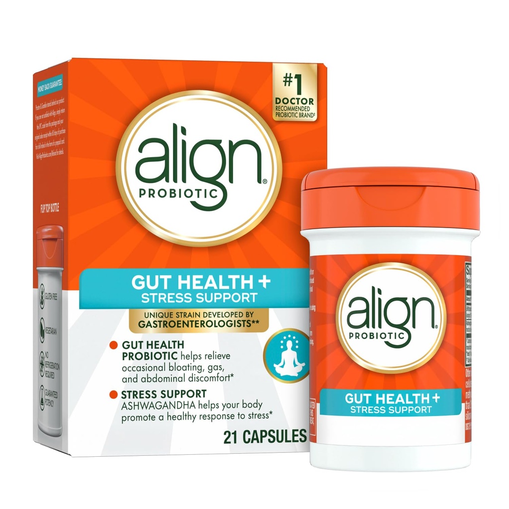Aligner Probiotique, Détresse digestive, Probiotique pour les femmes et les hommes avec Ashwagandha, Aide avec une réponse saine au stress, sans gluten, sans soja, végétarien, 21 capsules