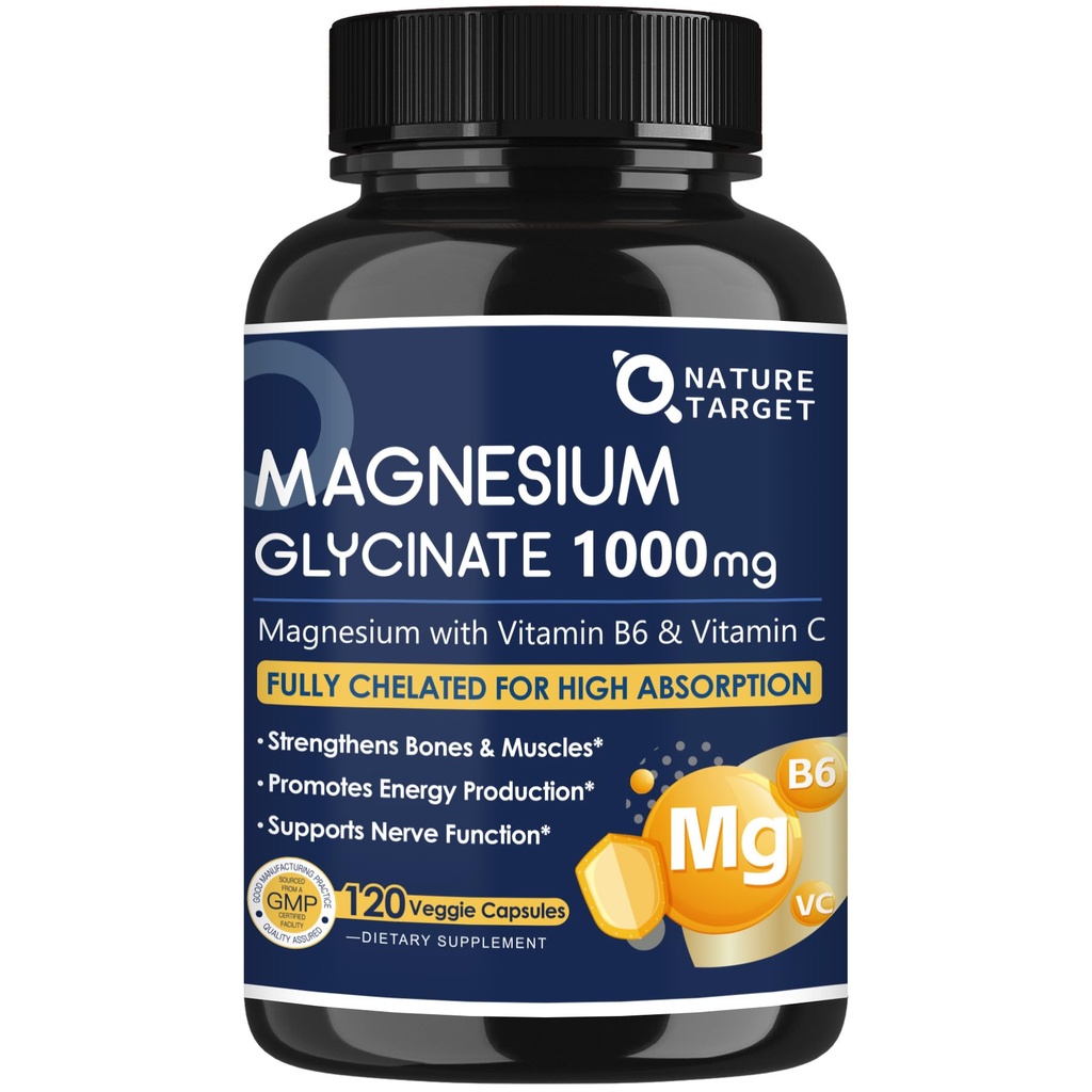 NATURE TARGET Magnesium Glycinate 1000mg - Magnesium Supplements with Vitamins C & B6 for Muscle, Nerves, Heart, Energy & Immune Health, 100% Chelated Magnesium for Max Absorption - Vegan,120 Capsules