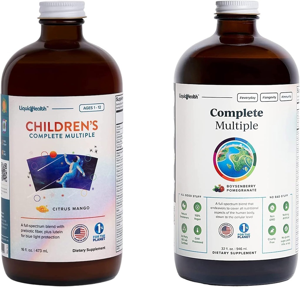LIQUIDHEALTH Volwassene Complete Multiple & Children's Complete Multiple Daily Liquid Multivitamine Bundle for Family - Ondersteuning van algehele gezondheid, Boost Immune System - Made in USA, Whole Foods, Vegan, Non-GMO