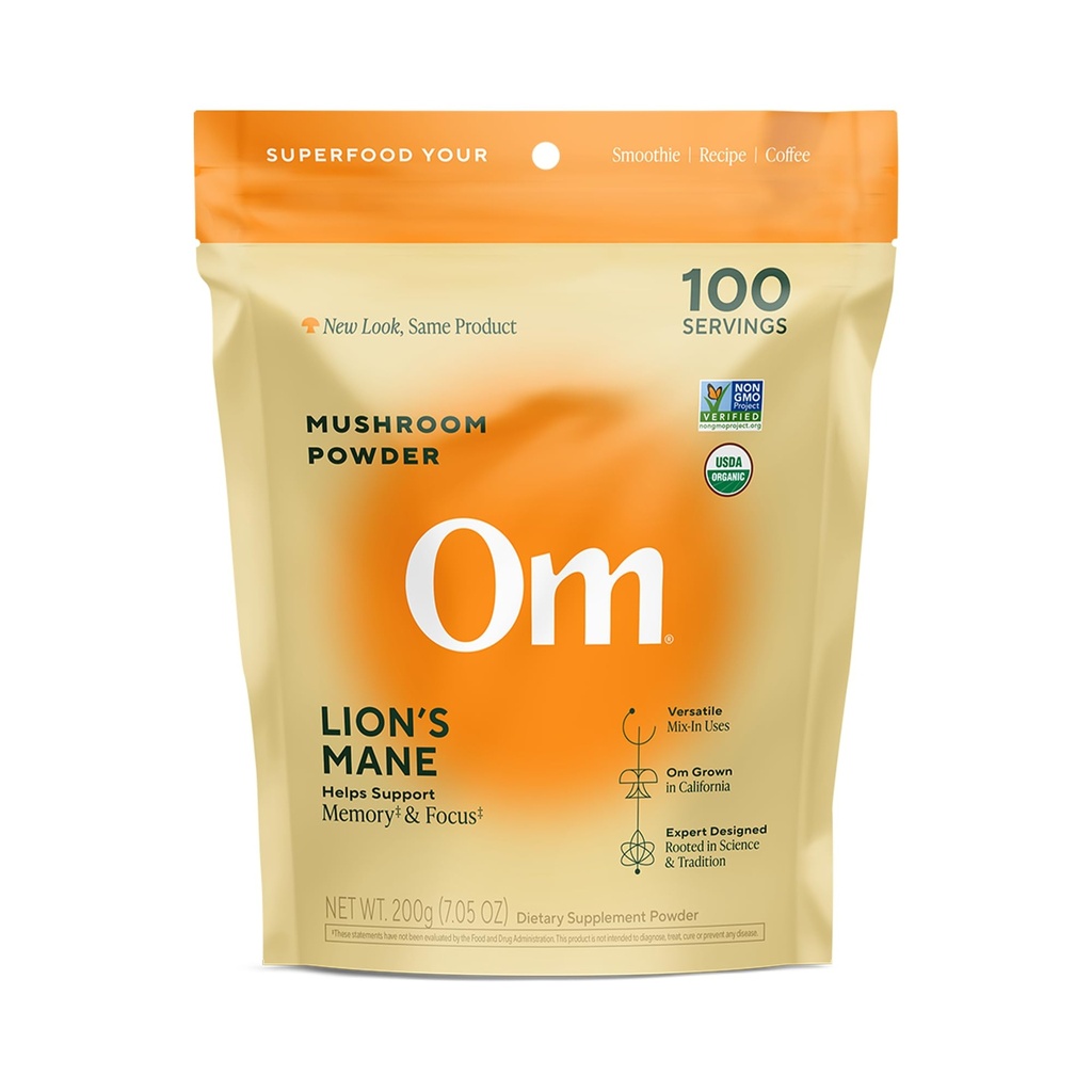 Poudre de champignons de la Mane de Om Lion - Supplément de champignons biologiques et Nootropic - Soutien Mémoire, Focus et Nerve Health, 7,05 oz (100 portions)