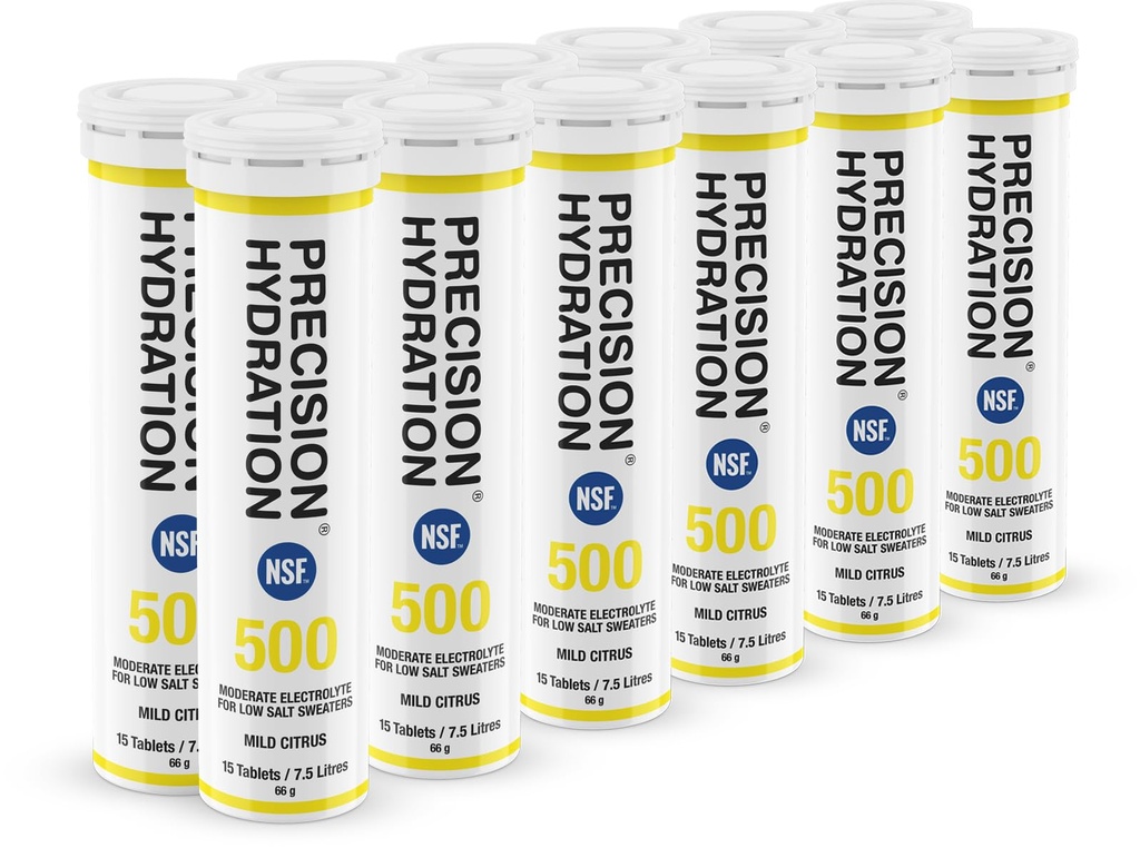 Precision Hydration Electrolyte Tablets - Multi Strength Effervescent Hydration Tablets - Combats Cramp - Low Calorie, Gluten Free, Vegan/Vegetarian Friendly (12 Tubes, 500mg/L - Yellow Tube)
