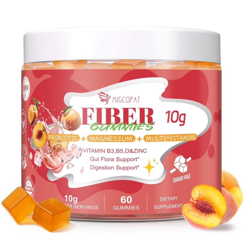 Migcopat 10G Fiber Gummies for Adults with Vitamins C, D, B3, B5 - Digestive & Gut Health Gummies with 30 Billion CFU Probiotics Blend, Inulin, ACV, Magnesium, Zinc, Support Digestive Health, 60 Cts