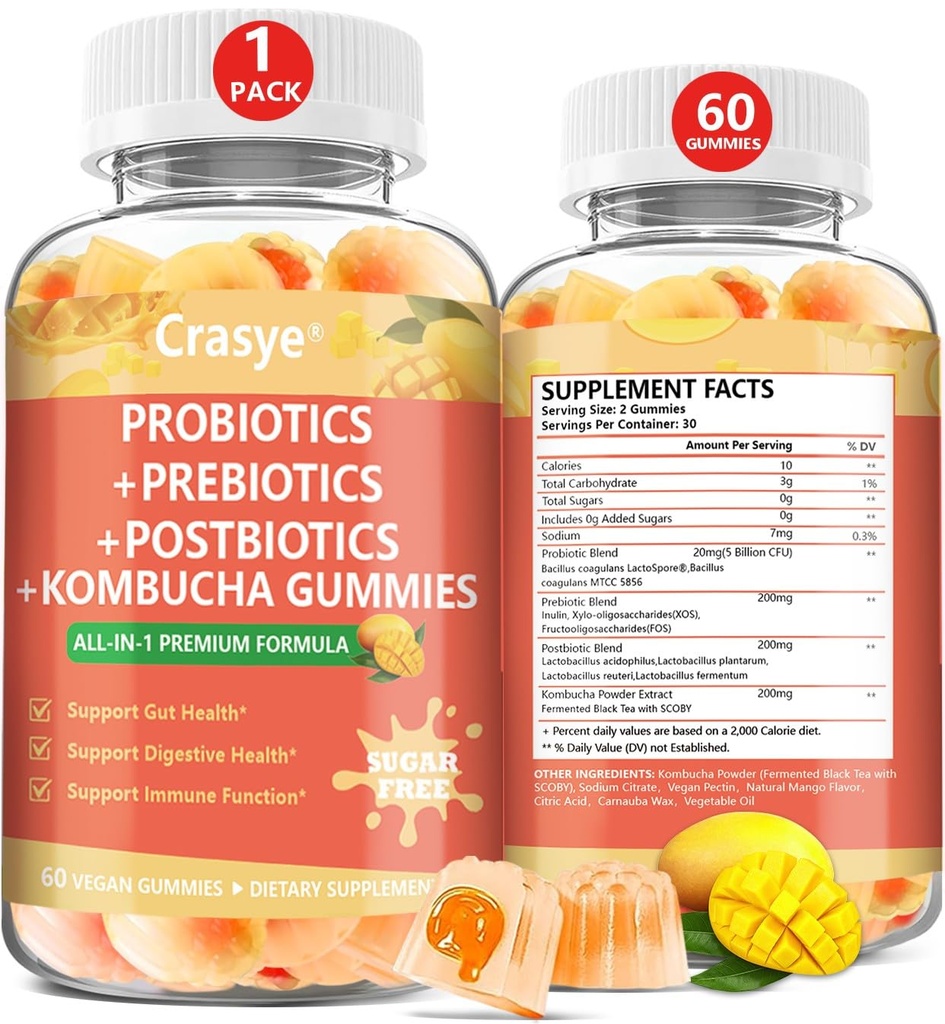 Probiotic Kombucha Gummies Sugar Free Prebiotic Postbiotic Probiotics Gummy for Women and Men Bloating Gut Health Immune and Digestive Support - 60 Gummies - 30 Servings