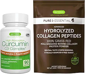 100% Grass-Fed Bovine Collageen Poeder + Hoge Absorptie Curcumine C3 Complex Sport & Recovery Bundle, 300% Grotere Absorptie Curcuminoïden met Rapid Uptake, door Igennus