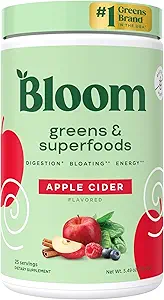 Bloom Nutrition Superfood Greens Powder, Digestieve enzymen met Probiotica en Prebiotica, Gut Health, Bloating Relief for Women, Chlorella, Green Juice Mix met Beet Root Powder, 25 SVG, Apple Cider