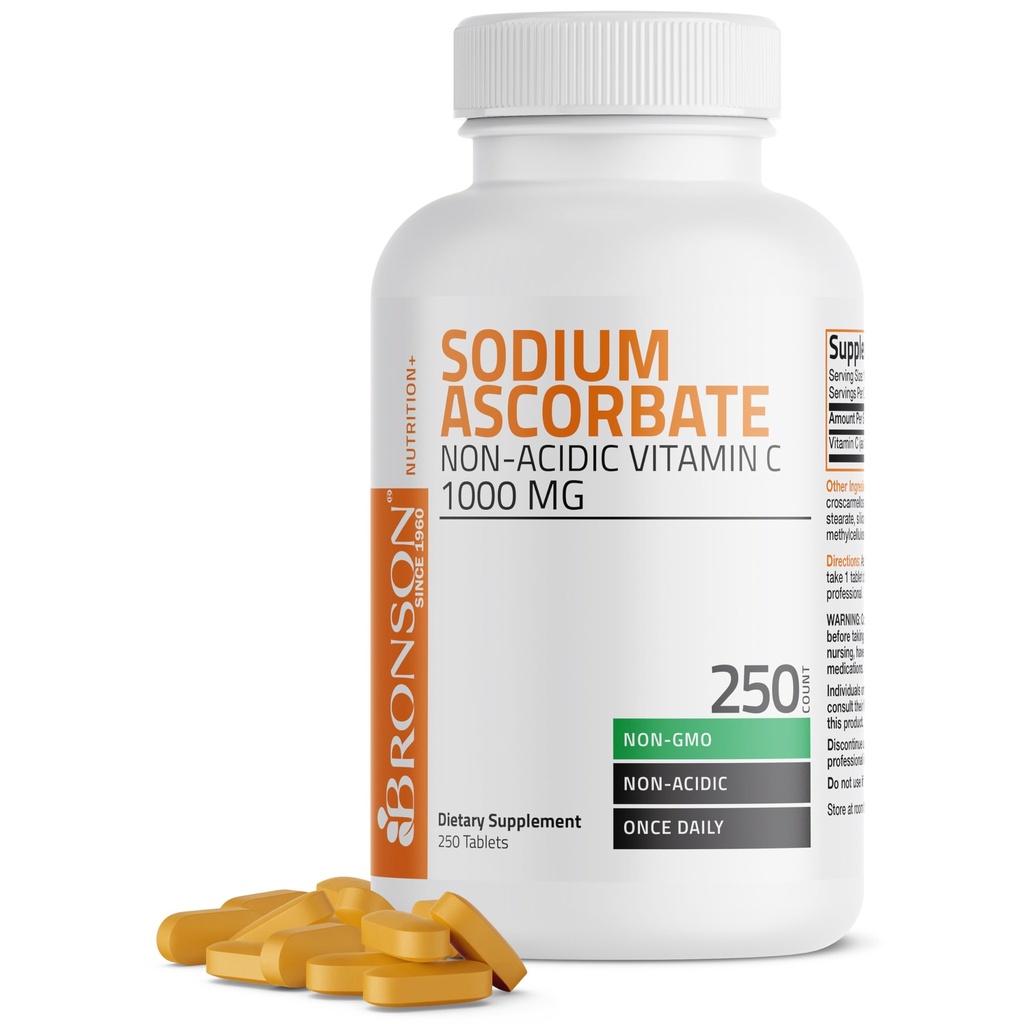 Bronson Natrium Ascorbaat Non Acidic Vitamine C 1000 Mg Tablets - Zacht op de maag - Immuun systeem Booster - Krachtig Antioxidant - Niet GGO Vitamine C Supplement, 250 Tel.
