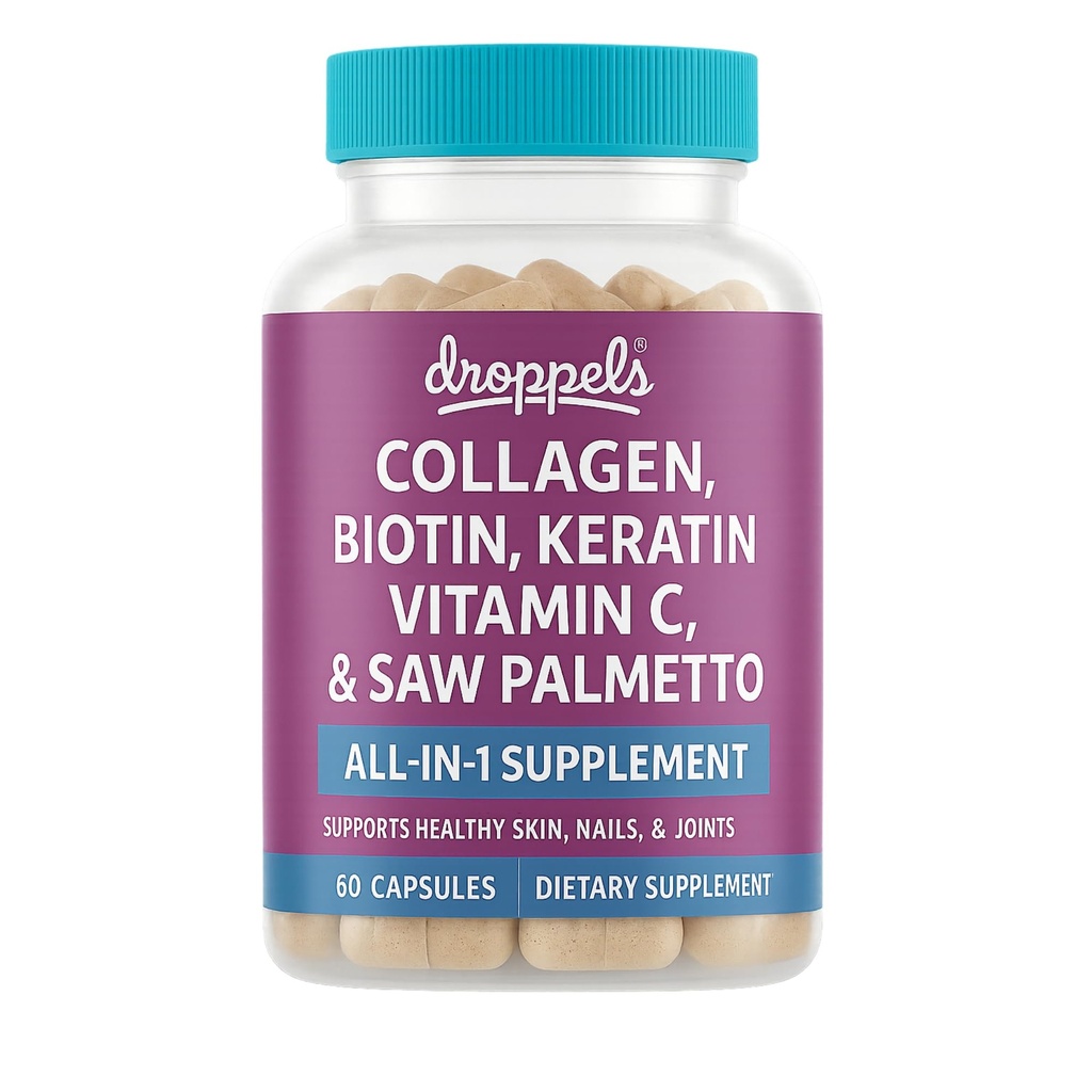 Droppels Collagen Capsules – Advanced Collagen + Biotin + Keratin + Vitamin C – Hair, Skin, Nails & Joints Support – 60 Count Dietary Supplement