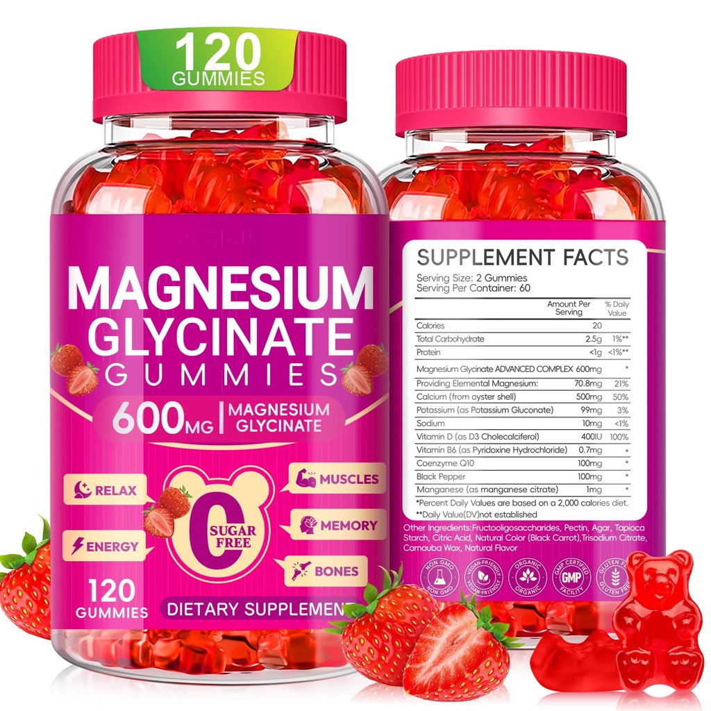Magnesium Glycinate Gummies 600mg, Kauwbare suikervrije Kalium Magnesium Gummies met Magnesium Glycinate, Vitamine D, B6 en CoQ10 voor Slaap, Ontspannen, Hersenen en Spier, 60 Days Supply